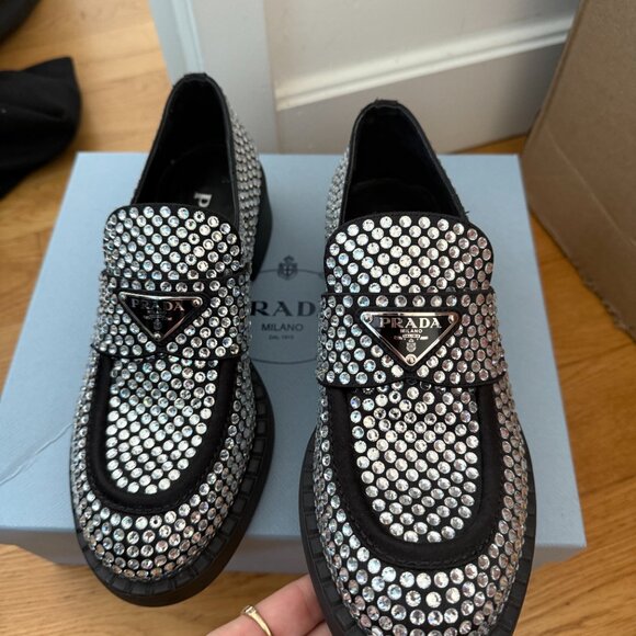 Prada Loafers Black Satin Crystal Embellished Metal Triangle Logo Sz 37 - Picture 8 of 14